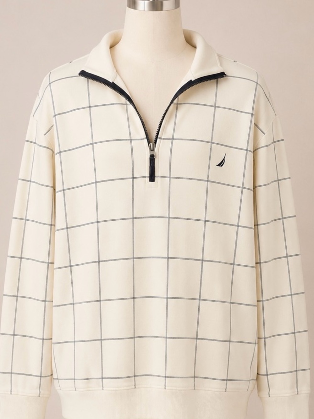 Nautica Men’s Cream Grid Quarter-Zip Pullover Sweater